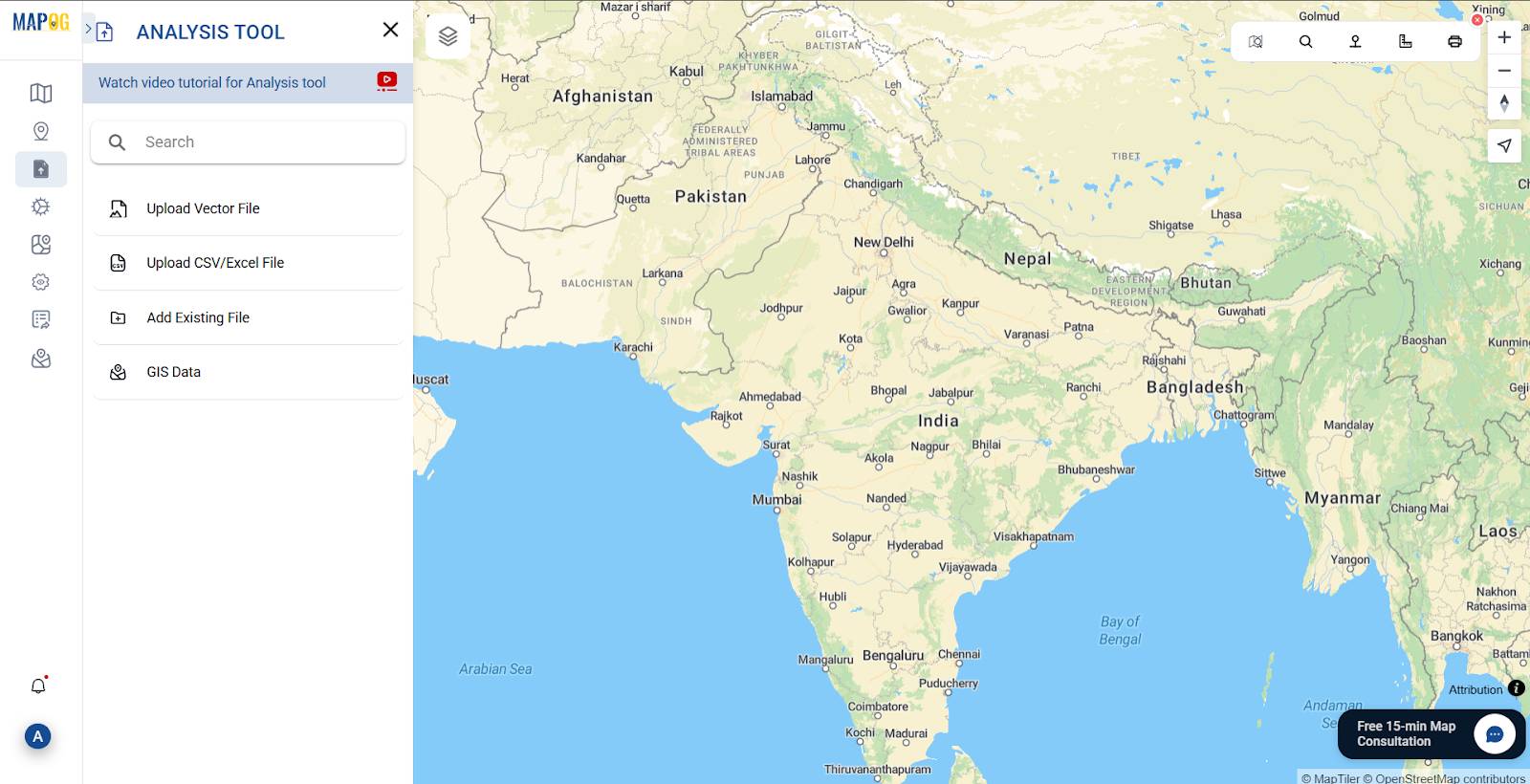 "Add/Upload Data" toolbar with allows uploading various GIS data types