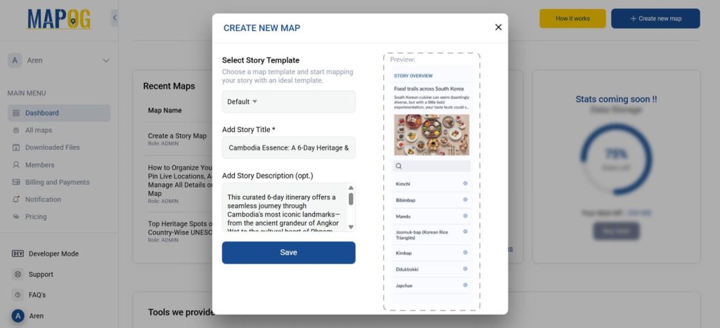 Interactive map creation screen showcasing one of the best alternatives to Google My Maps with fields for name and summary.