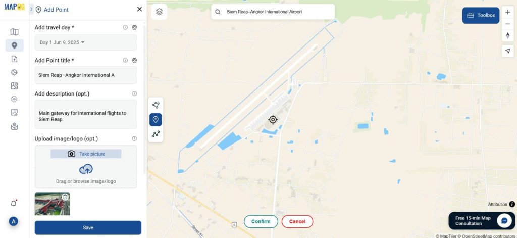 Manually plotting a travel point with photo and note—showcasing a Google My Maps alternative for storytelling.