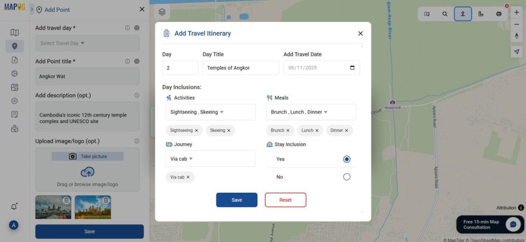 Day-by-day travel timeline from Cambodia using a visual mapping tool better suited than Google My Maps.