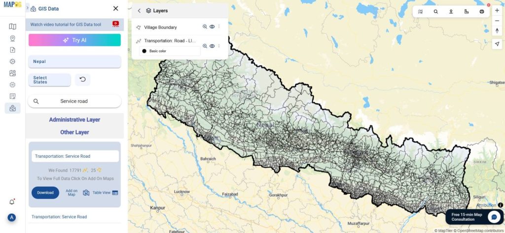 Layers panel with roads, service roads, and administrative boundaries for GIS Mapping of Landslide.
