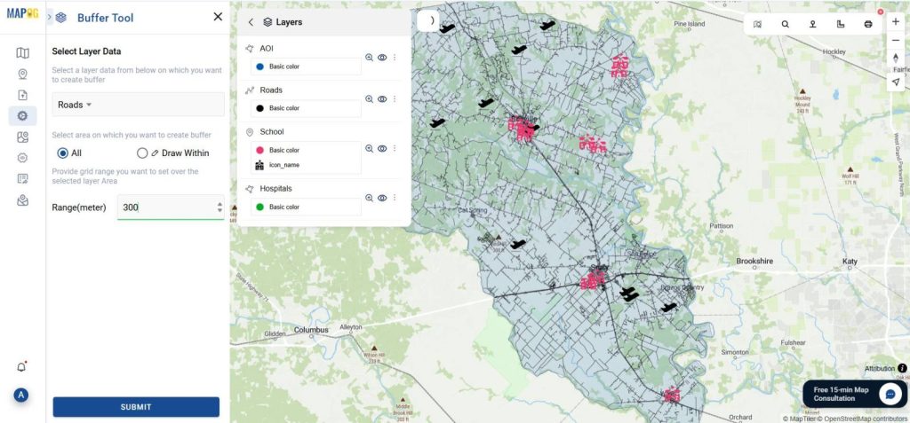 Using road buffer zones in GIS to define areas of real estate growth based on proximity to infrastructure.