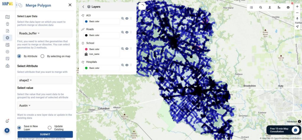 Map with merge road buffer zone for better understanding.