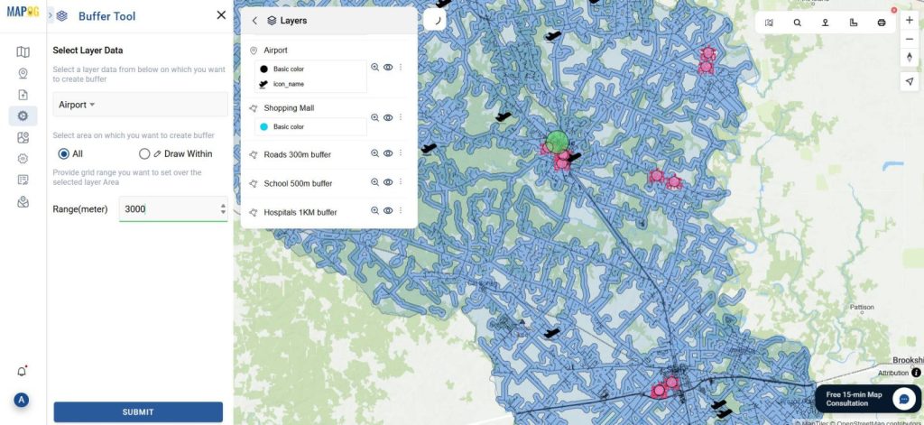 Using buffer zones in GIS to define areas of real estate growth based on proximity to infrastructure.