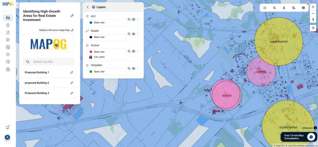 Overlapping GIS buffers showing how spatial analysis reveals promising investment zones.