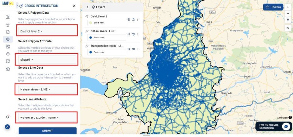Cross Intersection of Road and River Data.