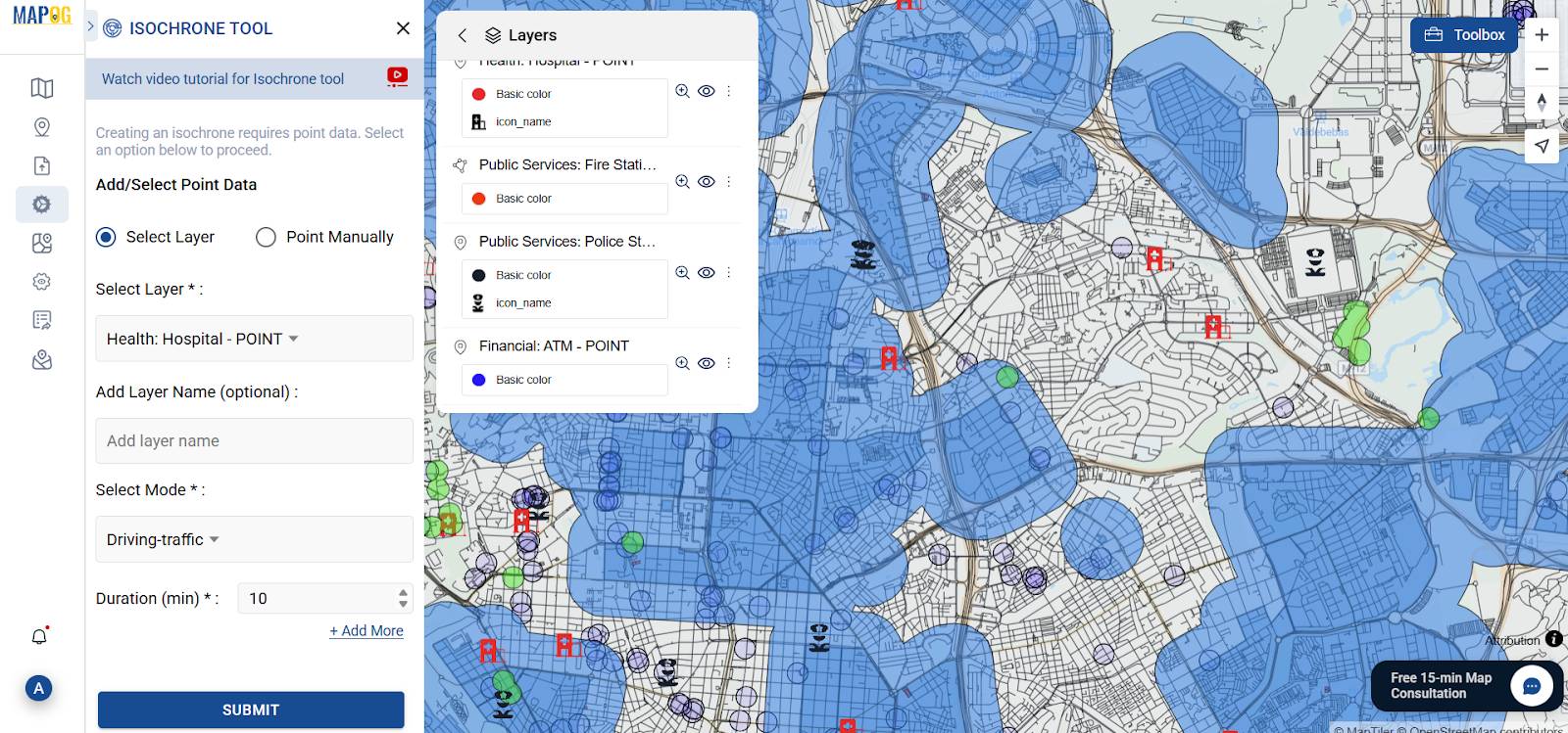 Isochrone tool to create drive or walking proximities around public services 