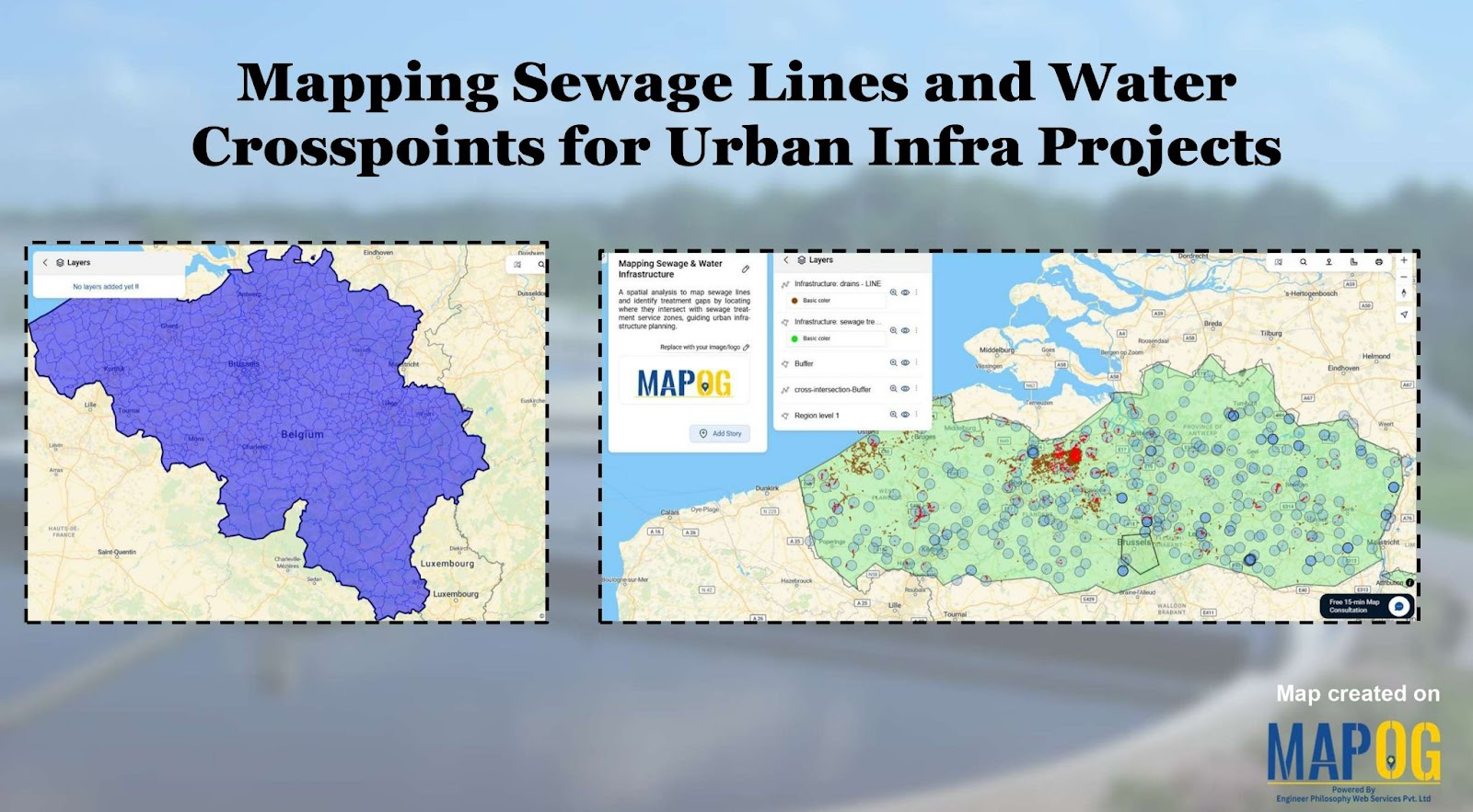 Map showing mapping sewage lines and water using cross intersection tool in MAPOG.