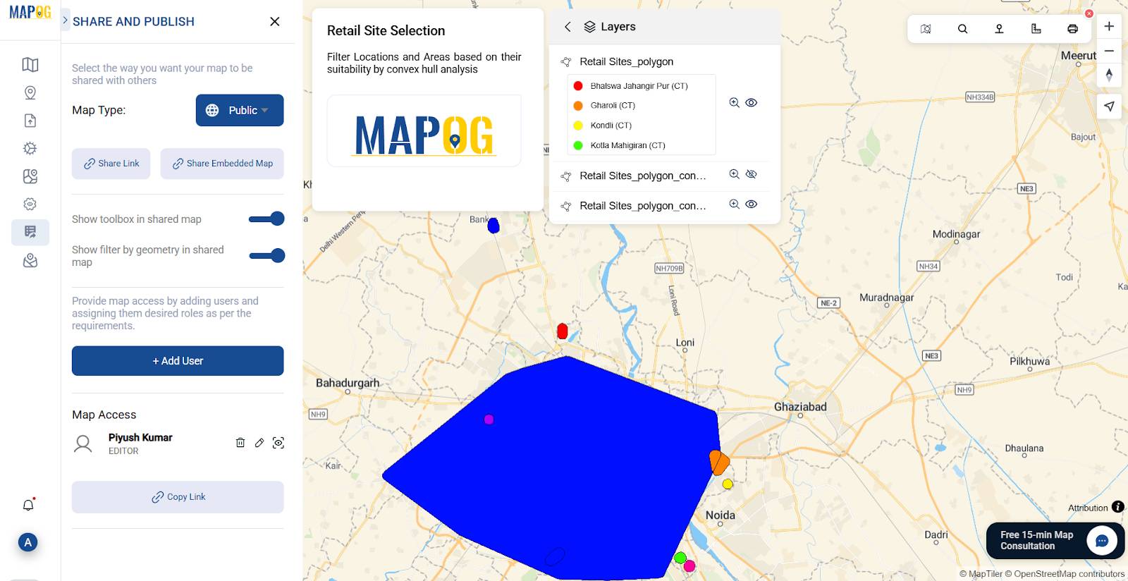 Saving and sharing the project on retail site selection