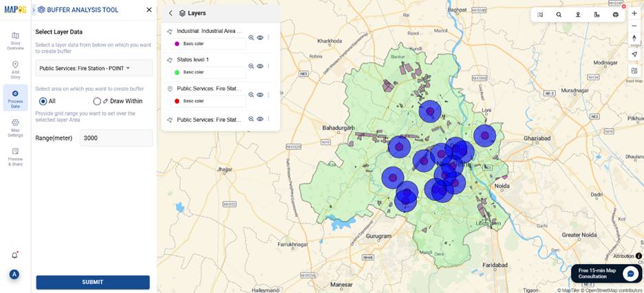 A map with blue circles