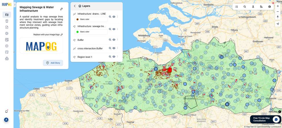 Map showing mapping sewage lines and water using cross intersection tool in MAPOG.