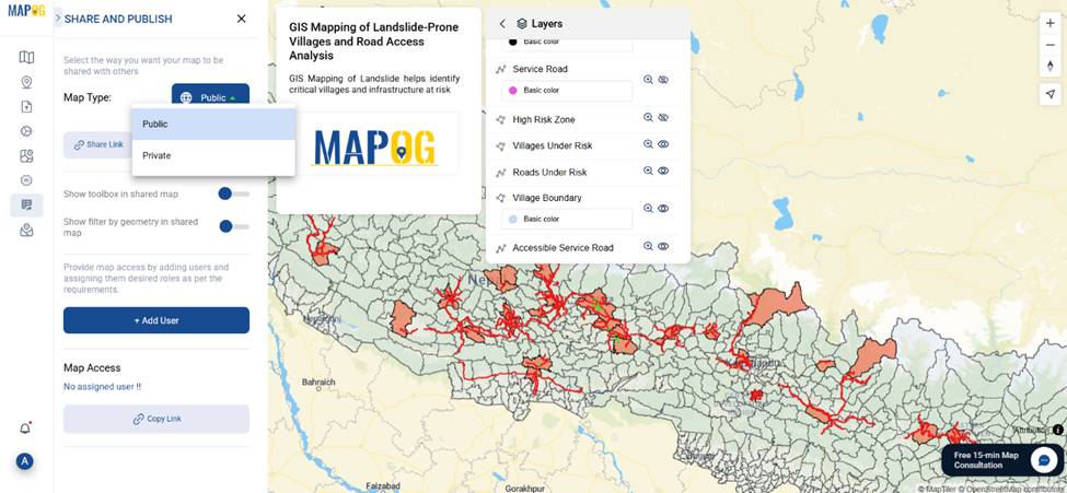 Shared map story featuring GIS Mapping of Landslide with styled layers.