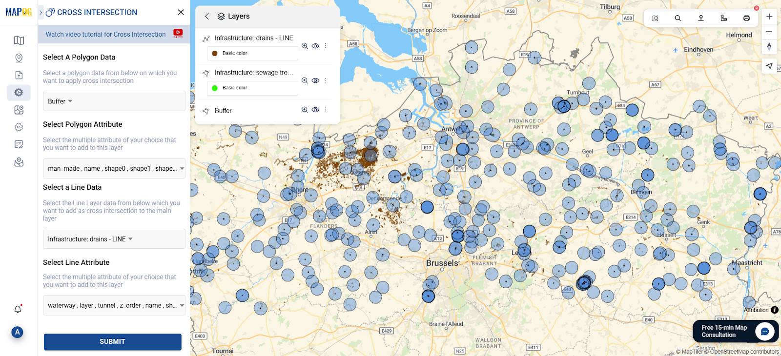 Map showing mapping sewage lines and water using cross intersection tool in MAPOG.