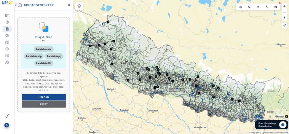 Uploaded landslide points styled distinctly within a GIS Mapping of Landslide project