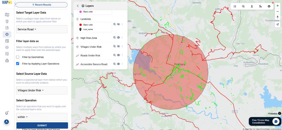 Service roads and highways visualized in proximity to high-risk landslide zones.