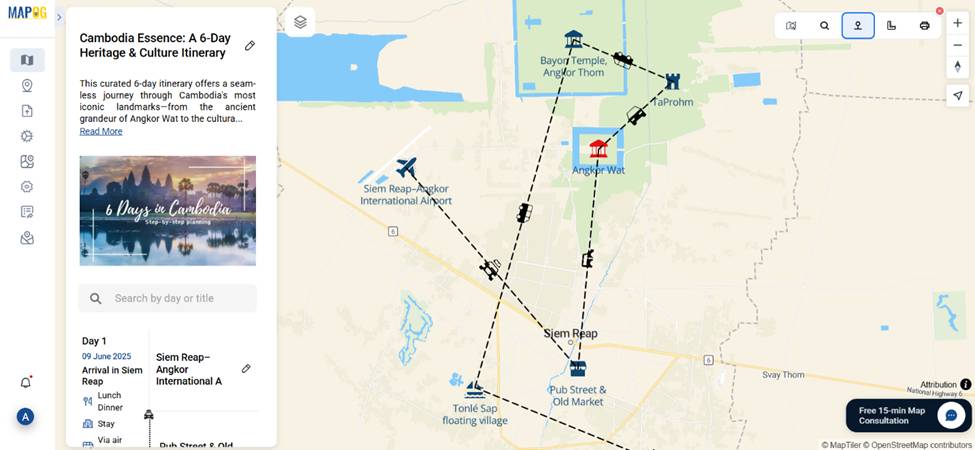 Cambodia travel route mapped with image and details at each point.