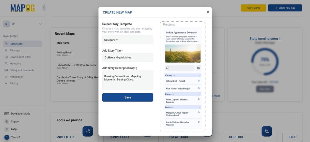 Interface for creating a category-based map on MAPOG.
