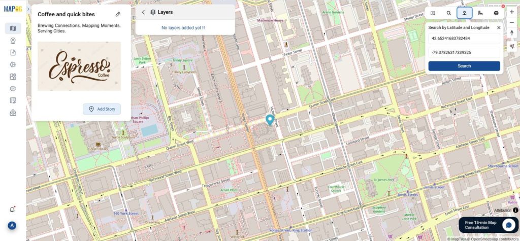 Adding a coffee outlet’s coordinates using MAPOG’s toolbox.