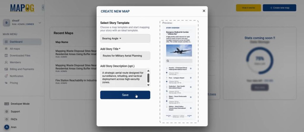 Map creation interface set to bearing angle for military flight planning