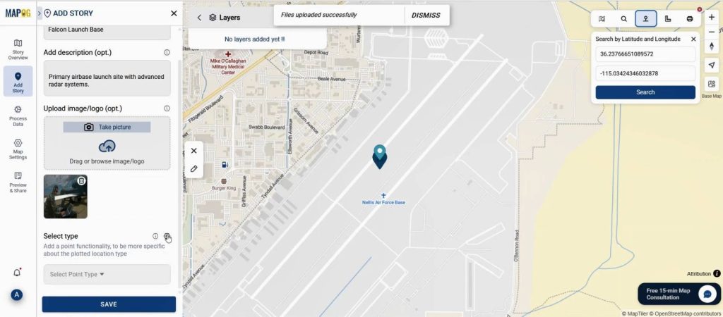 Military base pinpointed using coordinate search during flight path mapping.