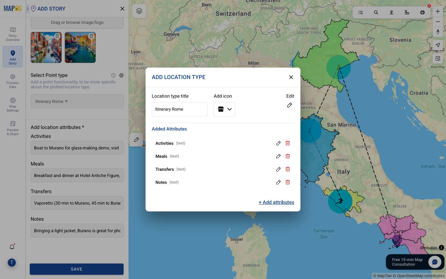 On-Map Travel Planning Using Location type management option to add attributes to the Points