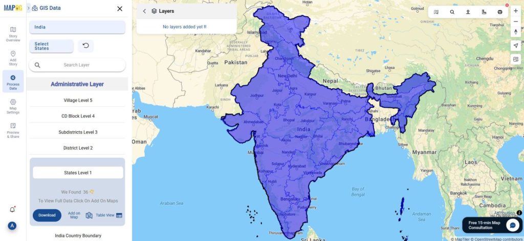 Interface showing selected state GIS data layer ready for mapping