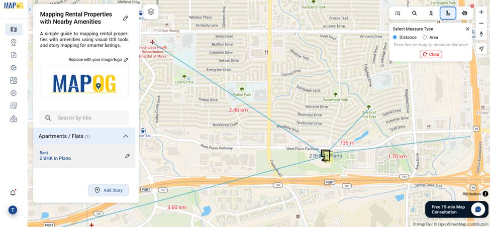 Measuring distance from rental unit to nearby school using tool.