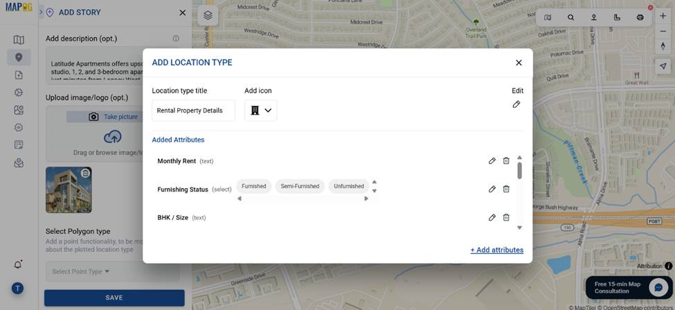 Customizing property attributes including rent, size, and furnishing for Mapping Rental Properties.