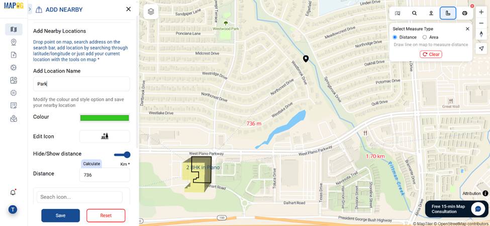 Icons for nearby grocery stores, parks, and other amenities near rental unit.
