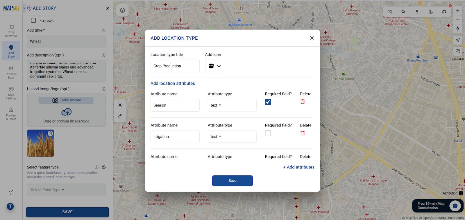 Attribute panel for defining crop details to map crops on online map.
