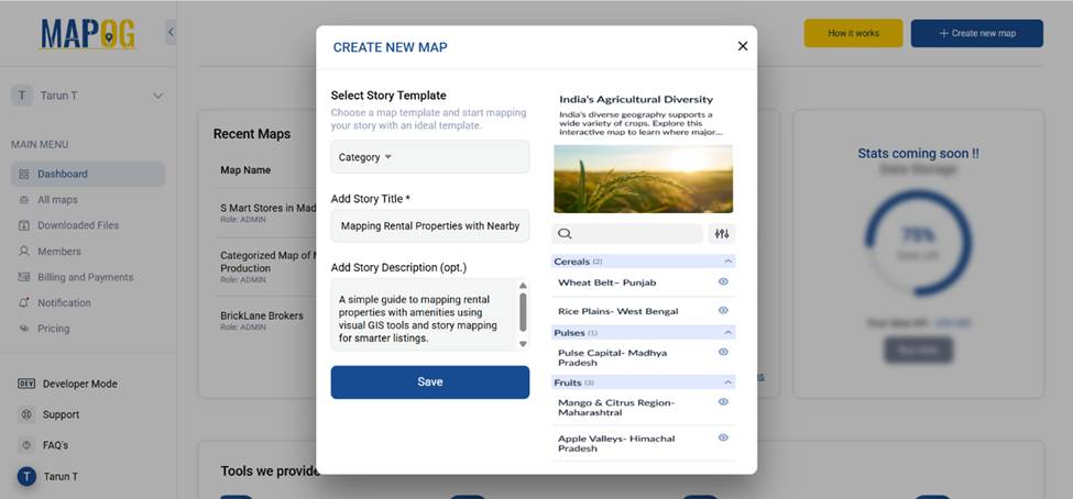 Interface for creating a new map story using a category template.
