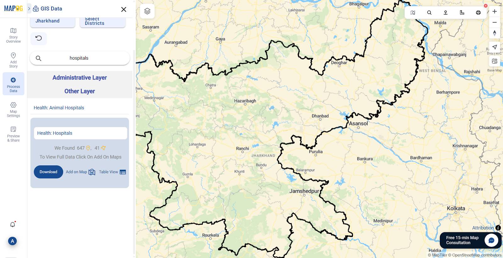 selecting the hospitals layer to analyze their proximity to village buffers 