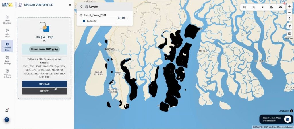 A GIS for Deforestation Tracking map interface displaying forest cover of 2001 & 2022
