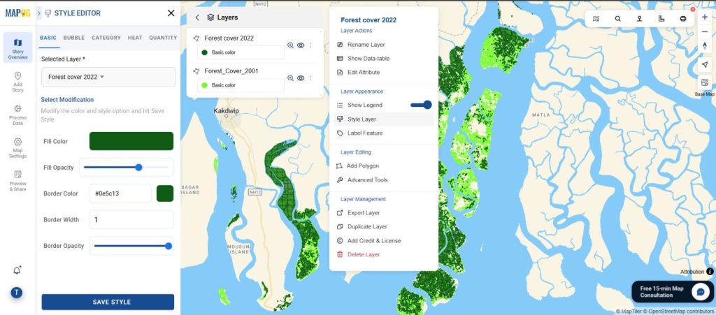 A map interface displaying forest cover in two distinct colors for comparison.