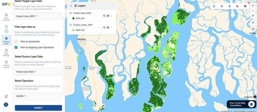 The filtered map highlights areas lost to deforestation between 2001 and 2022.