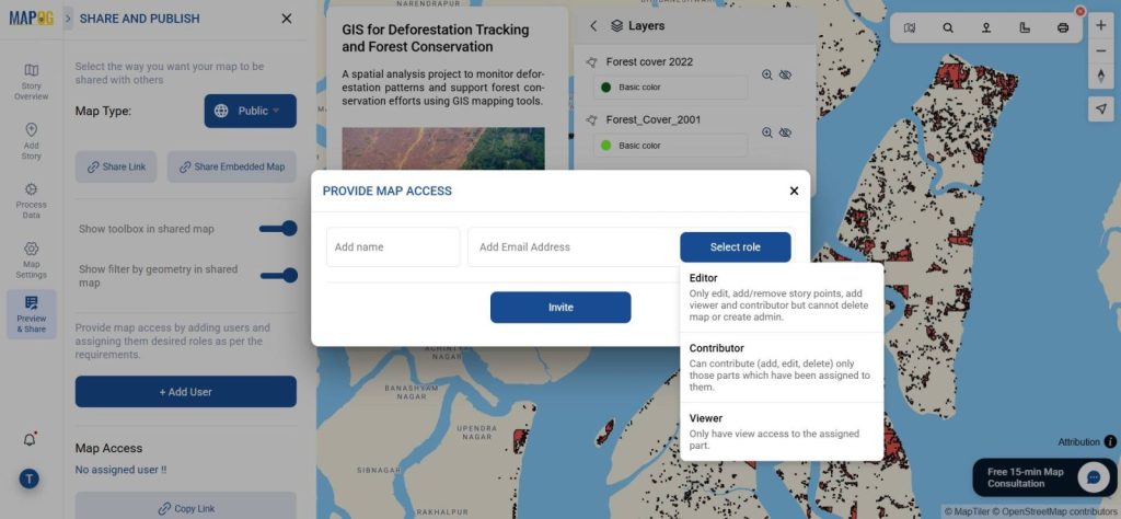 The published map’s interface ready to be shared with a public link option enabled.