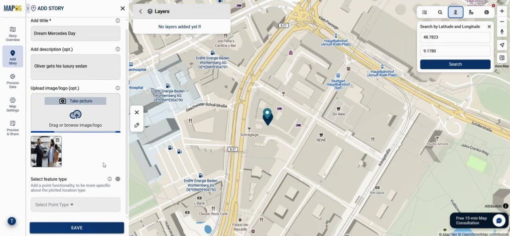 Adding a new car delivery point through coordinates on the map.