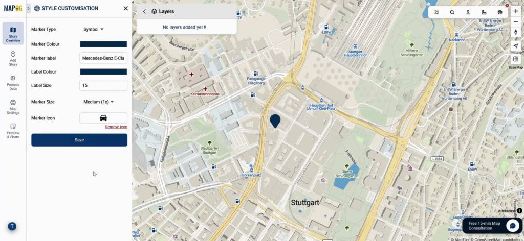 Different point icons and colors customized for map locations.