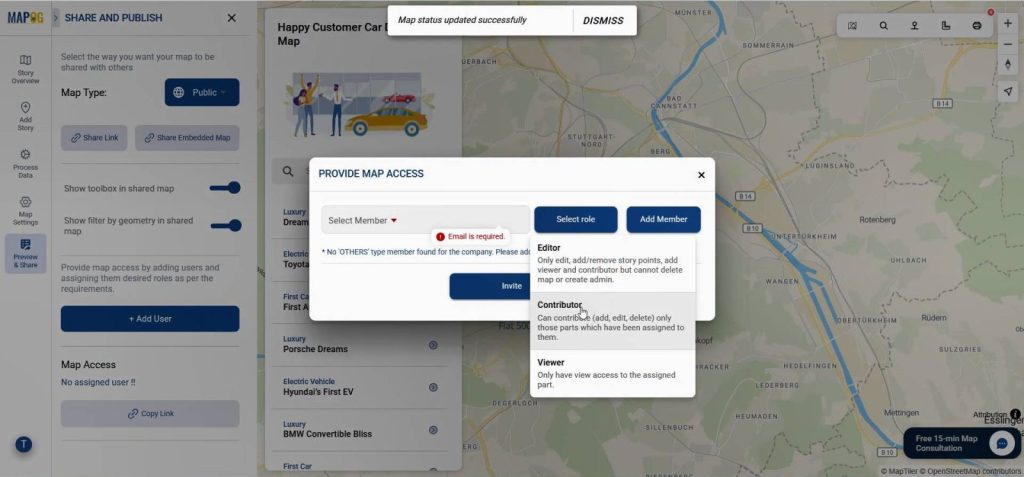Public preview of completed customer car delivery map with shared link.