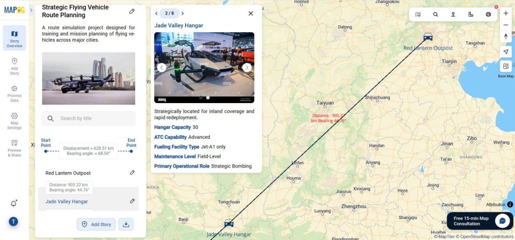 Map view showing distance and bearing angle between waypoints.