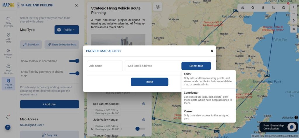 Public sharing screen with route preview and link settings.