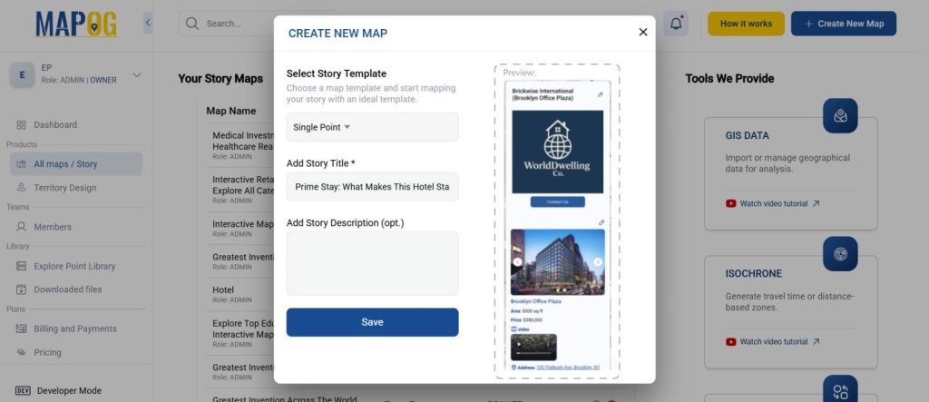 Interactive property map showing hotel title and description added on MAPOG.