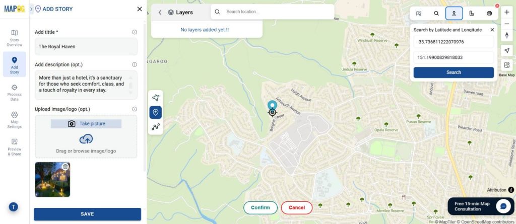 Interactive property map pinpointing hotel location using coordinates.