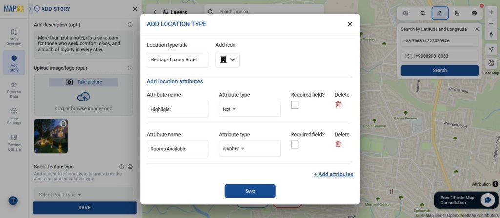 Interactive property map with custom hotel attributes like price and availability.