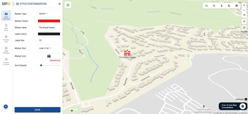 Interactive property map showing customized hotel icon and label.