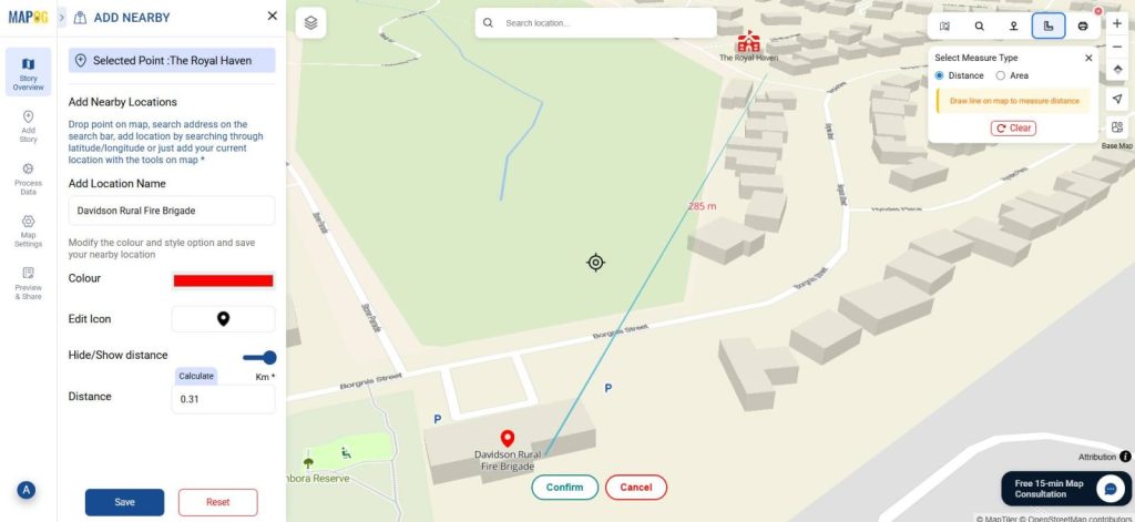 Interactive property map highlighting nearby metro, malls, and hospitals.