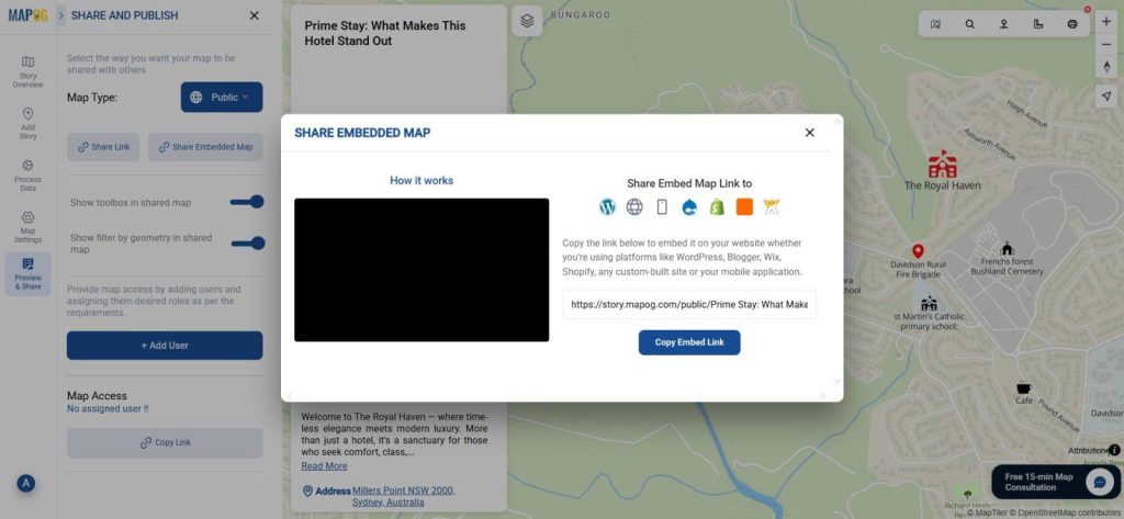 Interactive property map preview with sharing link enabled.