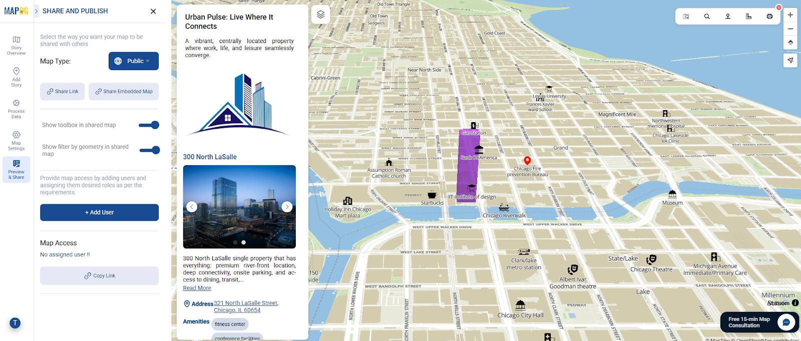 Interactive Map Experience showing property brochure with nearby amenities.