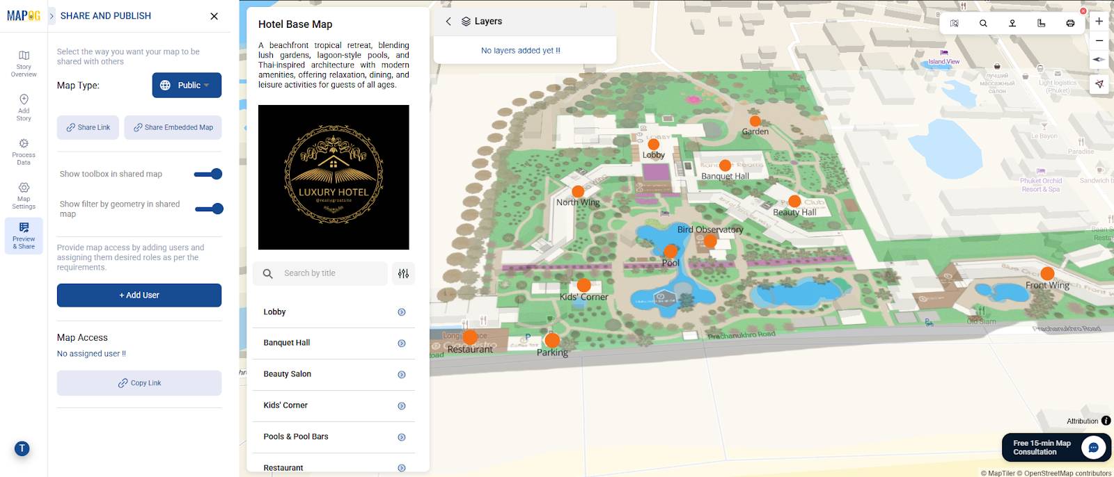 Interactive hotel map with amenities
