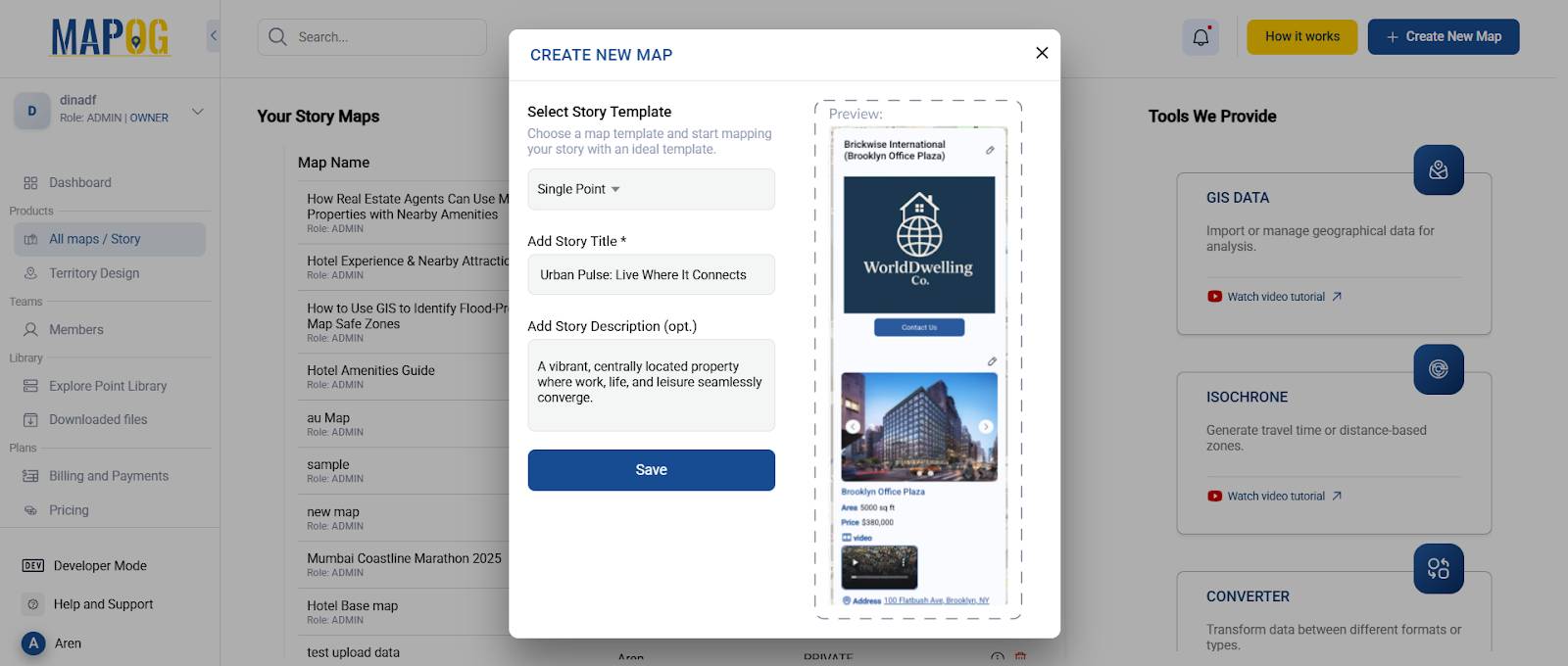 Interactive Map Experience showing property brochure with nearby amenities